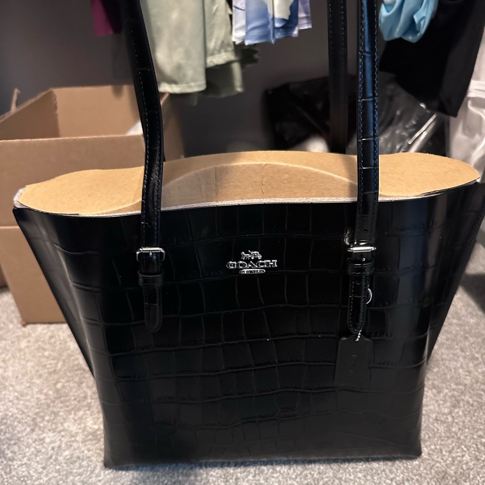 Coach Mollie Tote in Black novelty leather with silver hardware